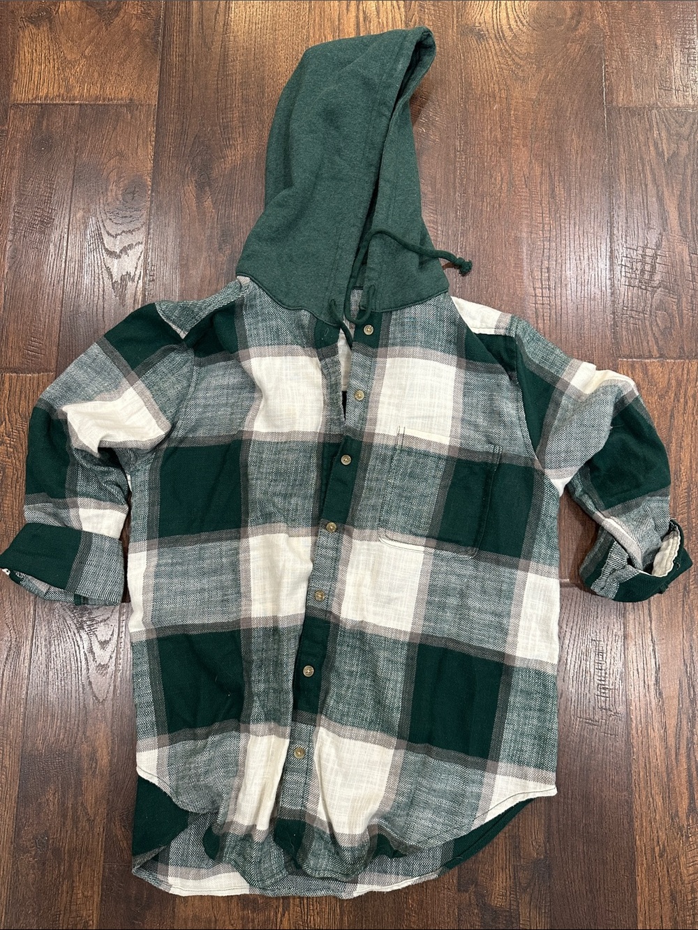 American Eagle Outfitters Green and Cream Plaid Hooded Button-Down